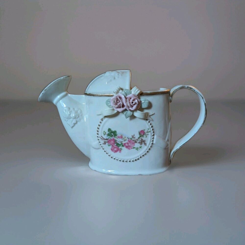 Ceramic Watering Can With Embossed Raised Roses In A Pink & Cream Floral Design